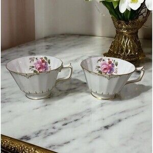 VTG Royal Crown Derby Ashby Teacup Floral WitbtGold Trim Set Of 2 No Saucer